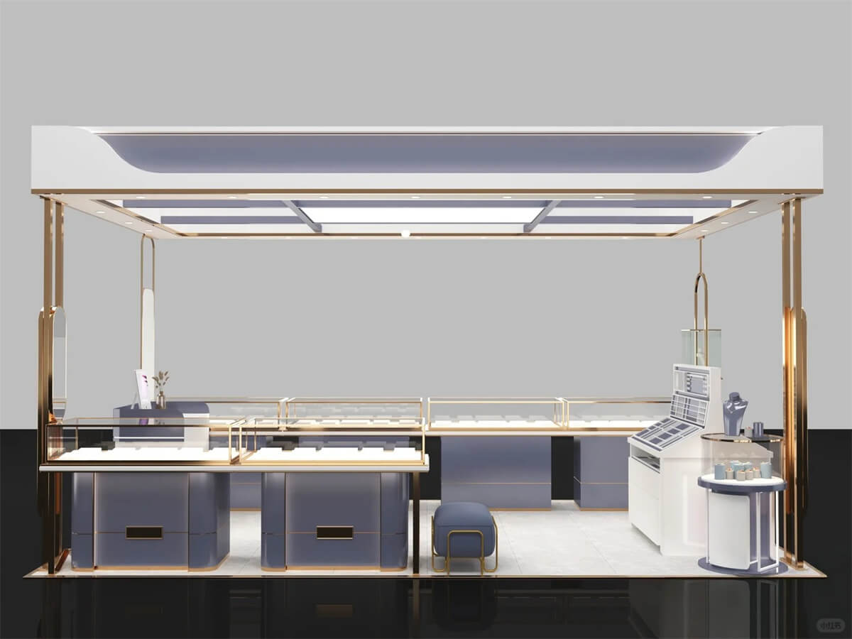 Full front view blue gold open jewelry kiosk with integrated ceiling mall central jewelry display booth