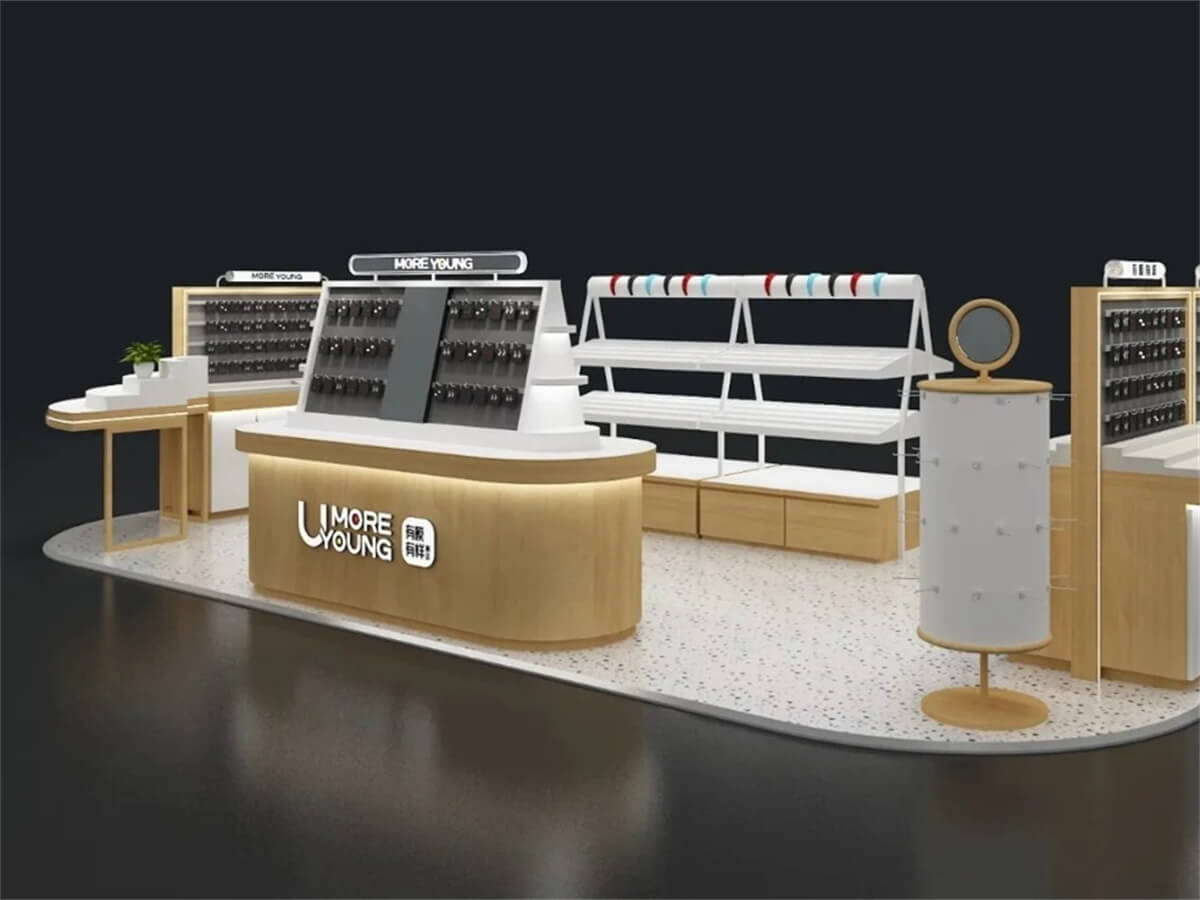 Full view minimalist solid wood mall jewelry kiosk, wood & white multi-hole display accessory booth with curved cashier counter