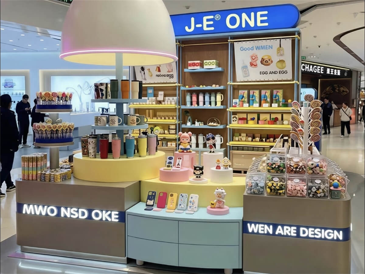 Macaron toned cup and toy kiosk with round stands and clear bins. Retail booth for cups and toys in family-friendly malls.