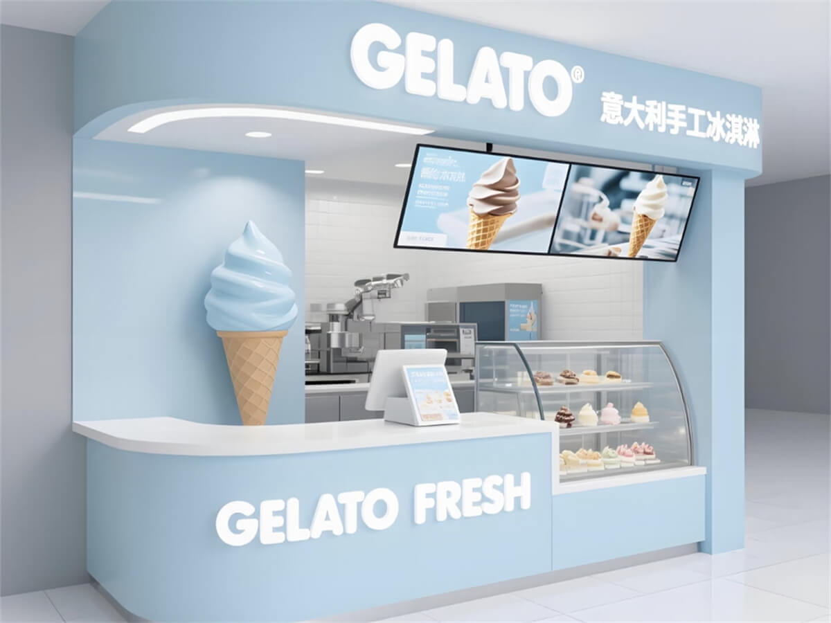  Light blue open-style ice cream kiosk with dual-screen menu and curved display case