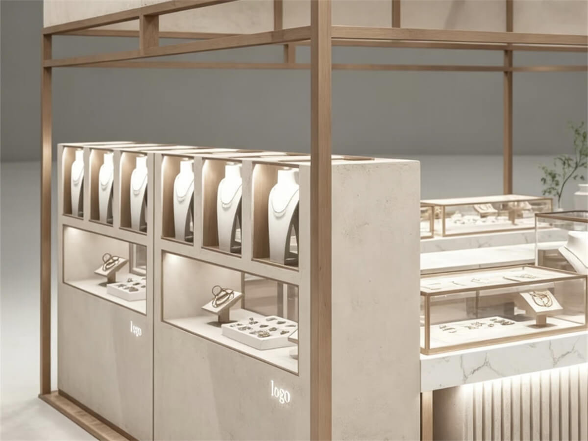 Side view details of a square island jewelry kiosk in a mall. You can see recessed necklace display niches, glass counters, and embedded lighting.