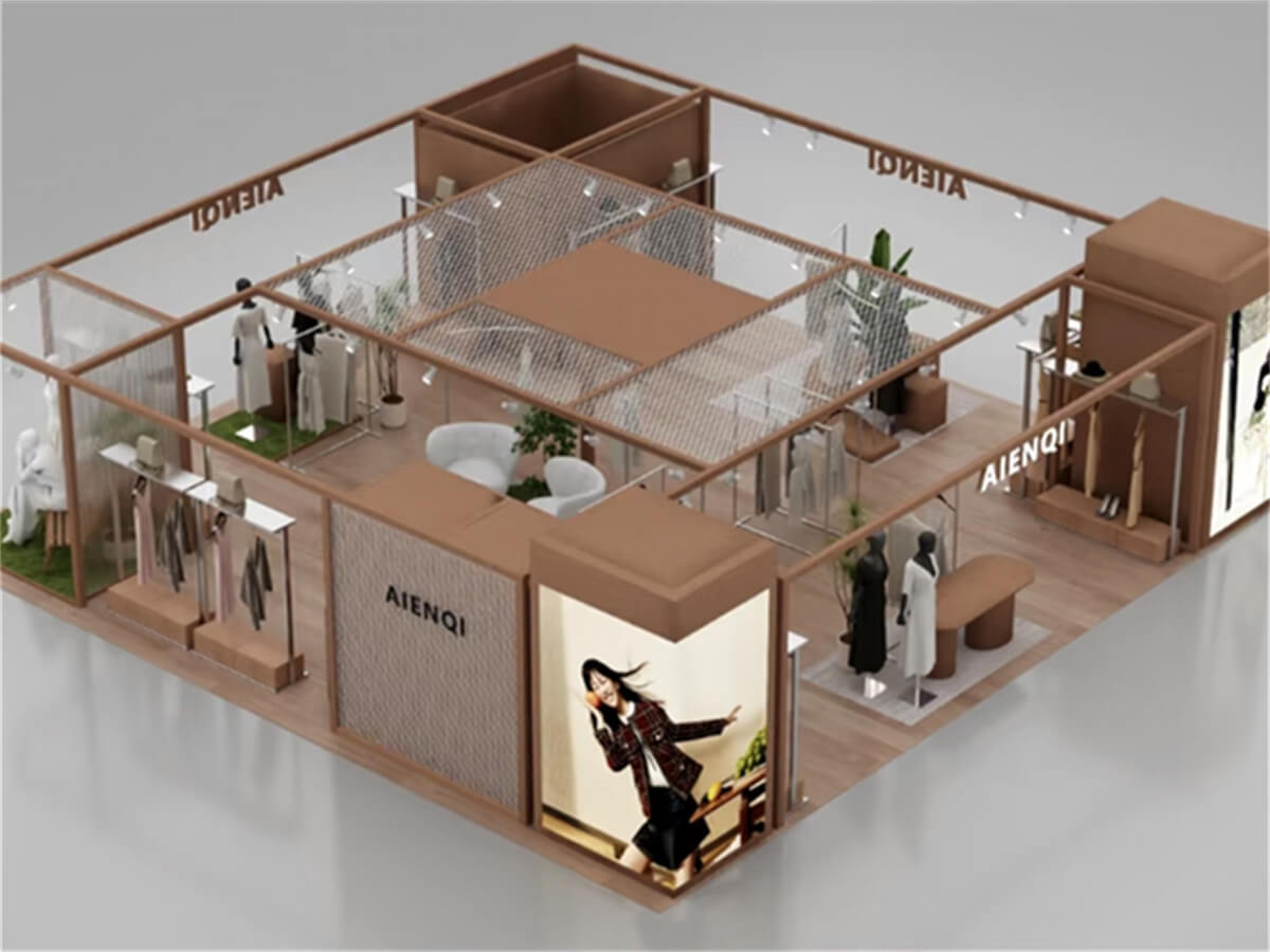 Top-down view of a modular wood clothing kiosk. It has a square steel frame and grid dividers. Mannequins and hanging clothes sit on multiple sides. This 3D rendering shows a women's pop-up kiosk for shopping malls.