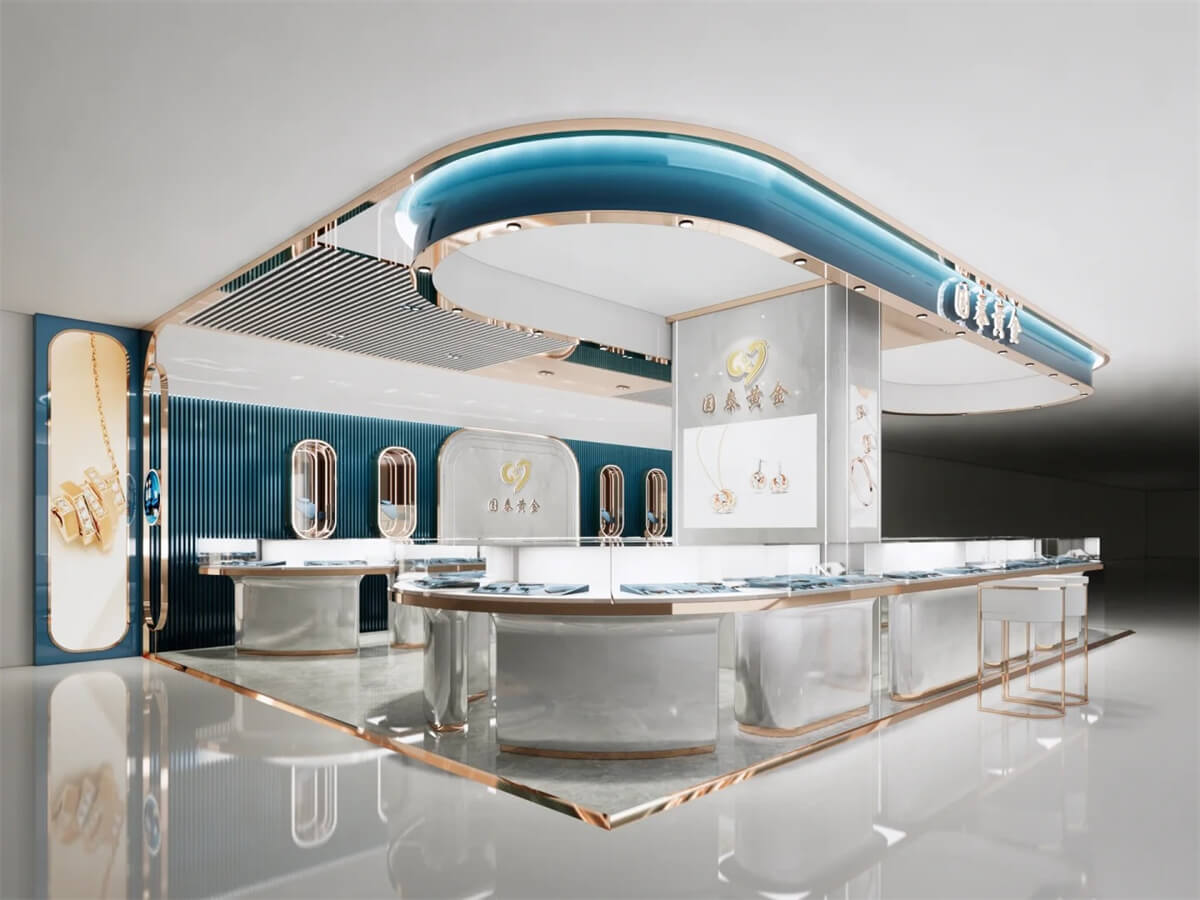 45‑degree side shot integrated curved jewelry kiosk with blue striped backboard and rose gold trim