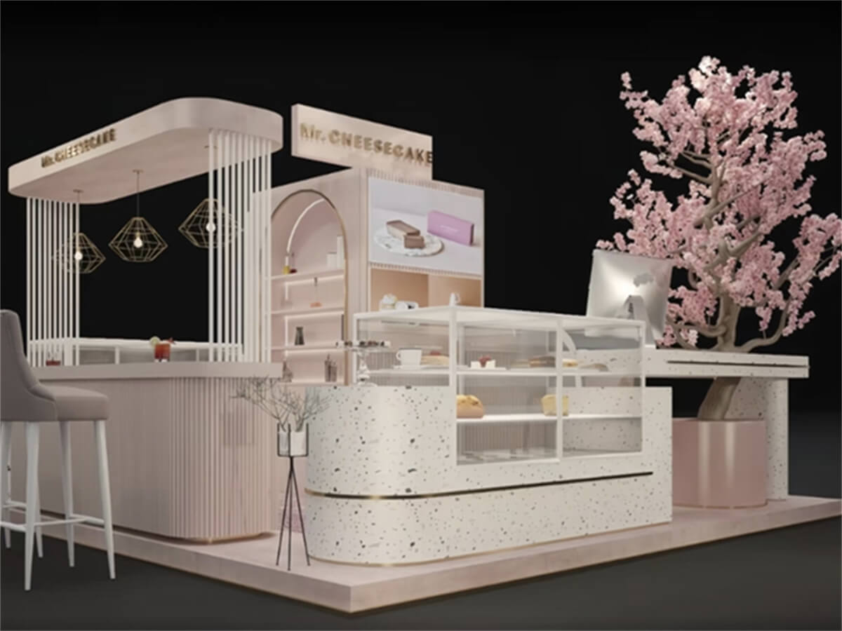 Terrazzo countertop dessert kiosk with light pink ribbed counter and cherry blossom tree, mall atrium dessert kiosk render with geometric chandeliers