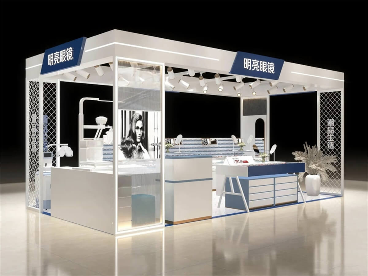 Mall minimalist white-blue eyeglass kiosk with open design, eye test area and display cabinets
