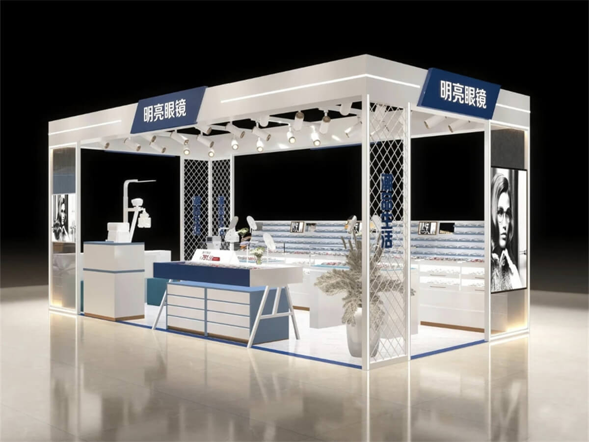 Eyeglass kiosk side view with mesh partitions and glowing logo for a light see-through look